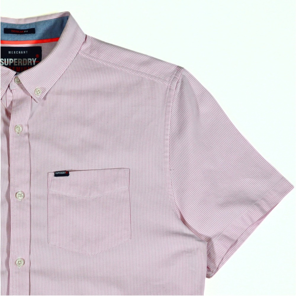 Superdry Men L Shirt Pink Striped Short Sleeve Premium Casual Oxford Button Down